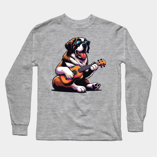 Saint Bernard Dog Playing Guitar Singing Funny Long Sleeve T-Shirt by BraaiNinja